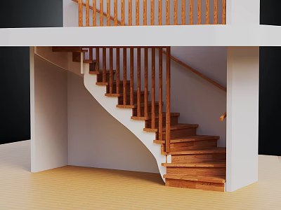 Modern Indoor Wooden Staircase With Curved Steps And Wooden Railing Design 3d model