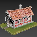 Red Tiled Roof With Chimney Wooden Door Arched Windows And Stone Steps