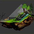 Floating Island Natural Landscape With Green Grass Tall Trees And Flowing Waterfall Path