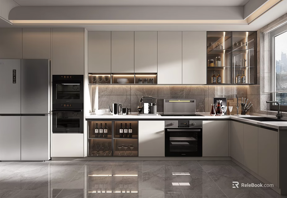 Modern Kitchen Interior Design With White Cabinets Island Counter And Stainless Steel Appliances 3d model 