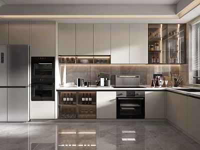 Modern Kitchen Interior Design With White Cabinets Island Counter And Stainless Steel Appliances 3d model