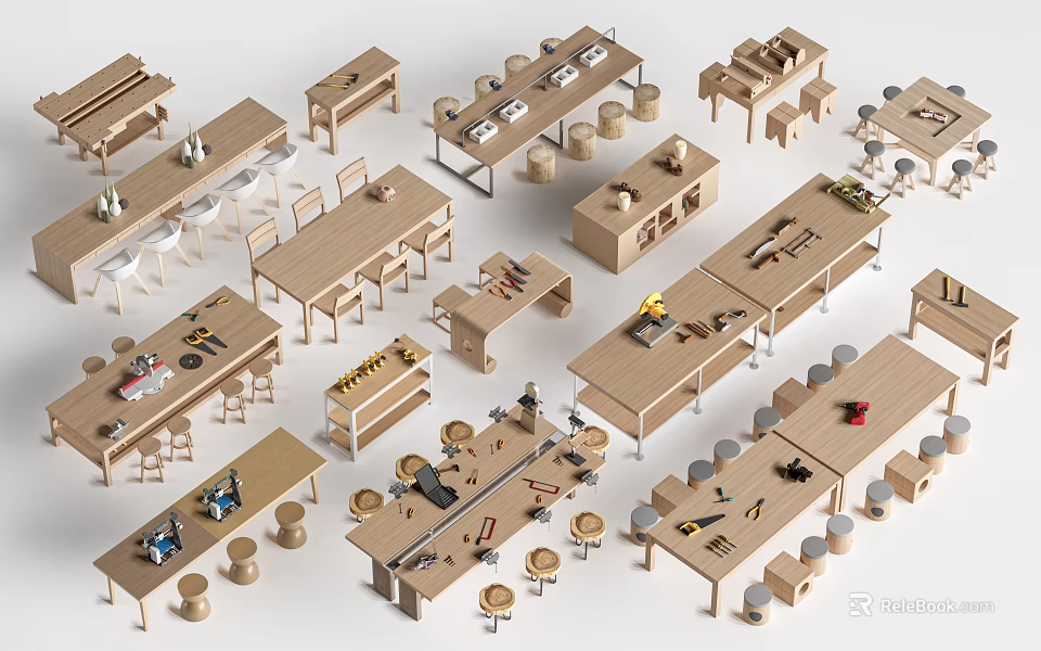 Modern Table and Chair Sets with Various Wooden Designs for Home Office Use 3d model 