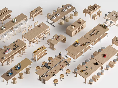 Modern Table and Chair Sets with Various Wooden Designs for Home Office Use 3d model