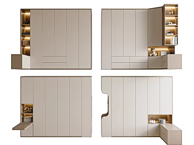 Modern Light Toned Wardrobe Design With Multiple Doors Drawers Open Shelves And Integrated Lighting 3d model