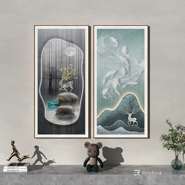 Modern Decorative Paintings With Deer Fish Trees Mountains Water And Moon For Interior 3d model 