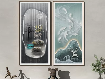 Modern Decorative Paintings With Deer Fish Trees Mountains Water And Moon For Interior 3d model