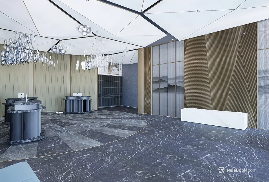 Modern Lobby Interior Design With Marble Floor Chandeliers Reception Desk And Elevator Doors 3d model 