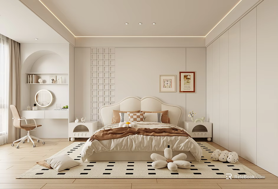 Modern Bedroom Interior Design Featuring Soft Bed Grid Wall Artwork Geometric Rug And Plush Toys 3d model 