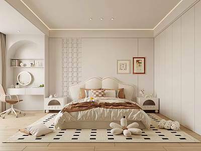 Modern Bedroom Interior Design Featuring Soft Bed Grid Wall Artwork Geometric Rug And Plush Toys 3d model