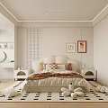 Modern Bedroom Interior Design Featuring Soft Bed Grid Wall Artwork Geometric Rug And Plush Toys