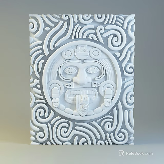 Intricate Decorative Sculpture Carving With Central Facial Design And Spiral Patterns 3d model 