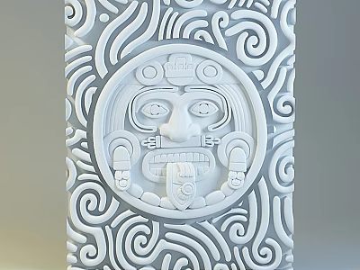 Intricate Decorative Sculpture Carving With Central Facial Design And Spiral Patterns 3d model