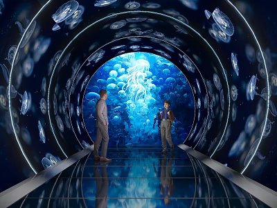 Underwater Glass Tunnel Scene With Floating Blue Jellyfish And Two People 3d model