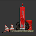 Vintage Blue And Red Fuel Pumps With Rusty Tire And Traffic Cones On Stone Base