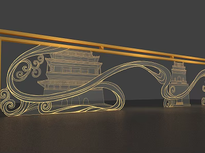 Art Installation With Traditional Tower Motifs Golden Curved Lines And Illuminated Design 3d model