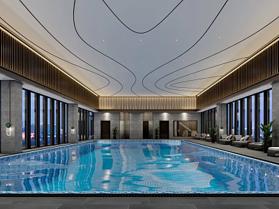 Modern Indoor Swimming Pool With Large Glass Windows Wavy Ceiling And Lounge Chairs 3d model