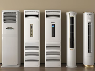 Different Styles Standing Air Conditioner Fans In White And Gold Color Side By Side 3d model