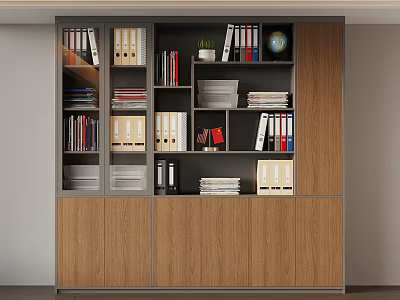 Modern Wooden Office Cabinet With Shelves Books Folders Globe And Plant 3d model