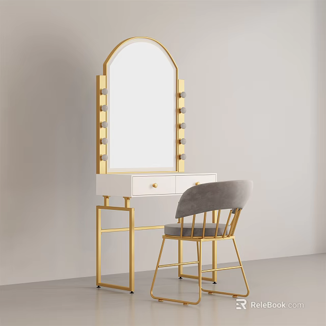 Elegant Dressing Table with Gold Frame Lighted Mirror White Countertop and Grey Chair 3d model 
