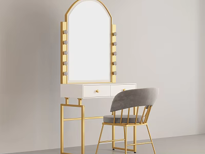 Elegant Dressing Table with Gold Frame Lighted Mirror White Countertop and Grey Chair 3d model
