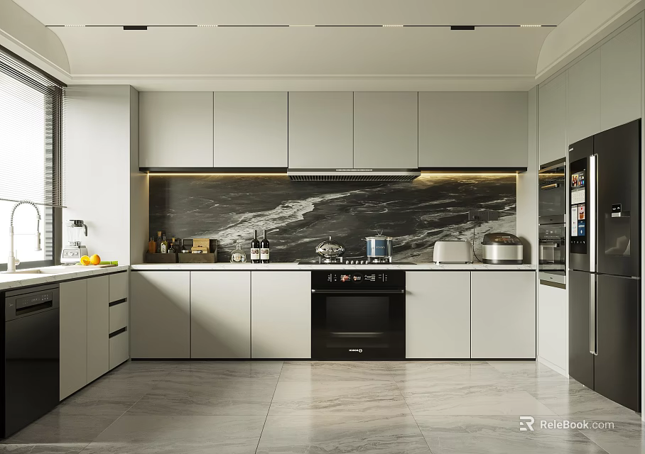 Modern Kitchen Interior Design With White Cabinets Black Appliances And Marble Backsplash 3d model
