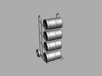 Mobile Metal Storage Rack With Four Stacked Cylindrical Cans And Wheels 3d model