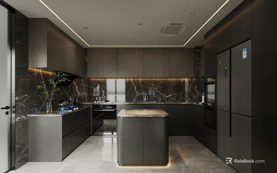 Modern Kitchen Interior Design With Dark Wood Cabinets Marble Island Countertop And Stainless Steel Appliances 3d model 