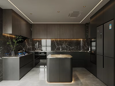 Modern Kitchen Interior Design With Dark Wood Cabinets Marble Island Countertop And Stainless Steel Appliances 3d model
