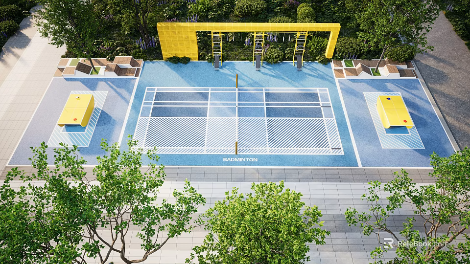 Outdoor Badminton Court With Blue Surface Yellow Frames Net And Green Surrounding Trees 3d model 