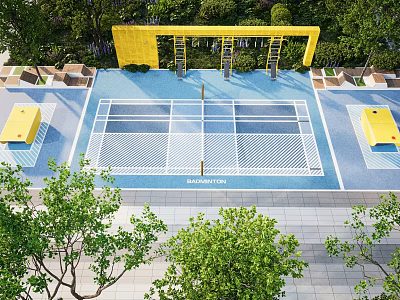 Outdoor Badminton Court With Blue Surface Yellow Frames Net And Green Surrounding Trees 3d model