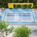 Outdoor Badminton Court With Blue Surface Yellow Frames Net And Green Surrounding Trees 3d model