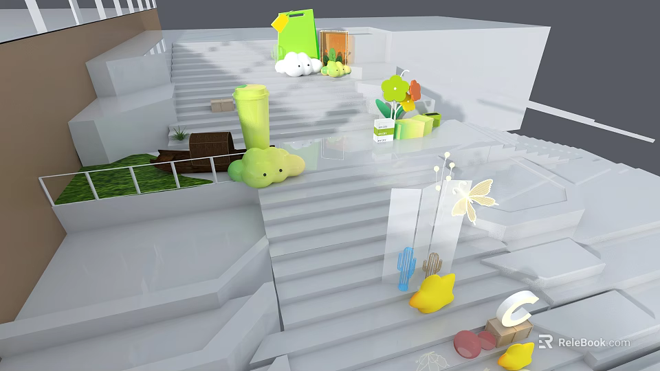 Playful Art Installation With Colorful Decorative Elements On Staircase Cloud Shapes And Flower Design 3d model 