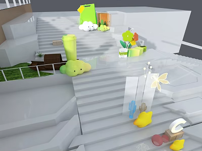 Playful Art Installation With Colorful Decorative Elements On Staircase Cloud Shapes And Flower Design 3d model