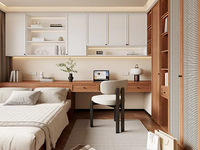 Modern Tatami Bedroom Interior Design With Cozy Bed Desk And Wooden Storage Cabinets 3d model