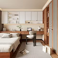 Modern Tatami Bedroom Interior Design With Cozy Bed Desk And Wooden Storage Cabinets