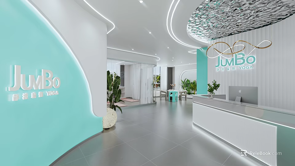 Jumbo Fitness Modern Gym Interior With Reception Area Bright Space And Green Plants 3d model 