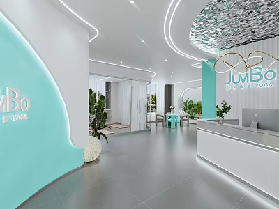 Jumbo Fitness Modern Gym Interior With Reception Area Bright Space And Green Plants 3d model