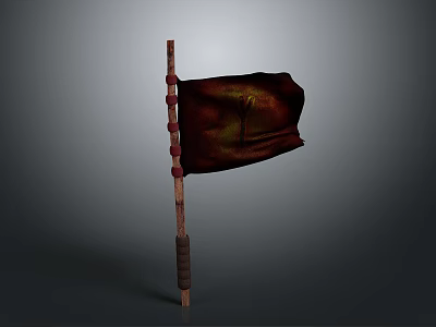 Dark Colored Flag With Wooden Pole Red Decorations And Intricate Design 3d model