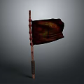 Dark Colored Flag With Wooden Pole Red Decorations And Intricate Design
