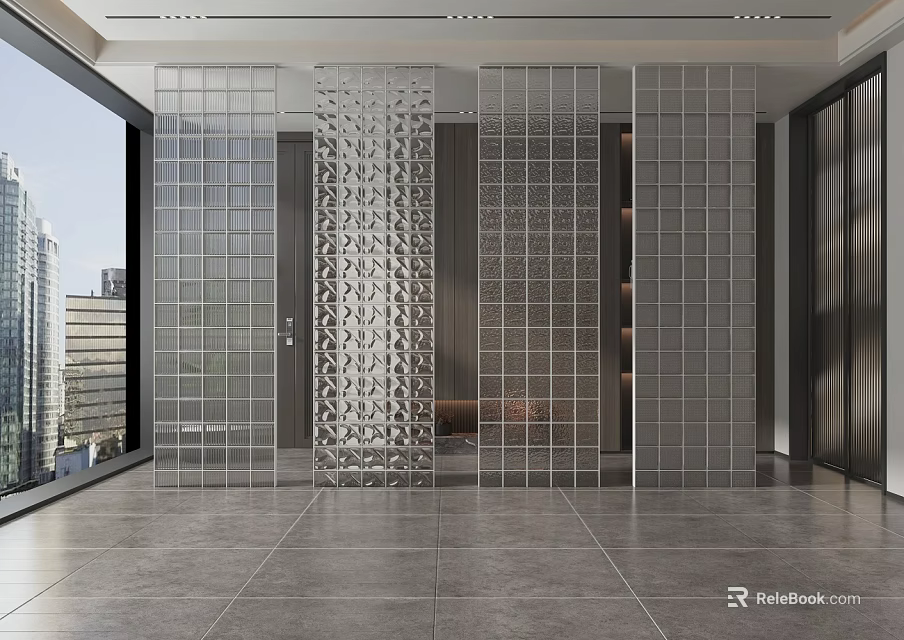 Stylish Glass Partition For Modern Interior With Decorative Grids And Open Layout 3d model