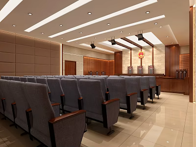 Courtroom Interior With Rows Of Gray Seats Wooden Walls And Ceiling Lighting 3d model