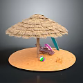 Tropical Beach Scenery With Straw Umbrella Deck Chair Surfboard Beach Ball And Sandcastle