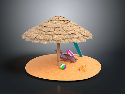 Tropical Beach Scenery With Straw Umbrella Deck Chair Surfboard Beach Ball And Sandcastle 3d model