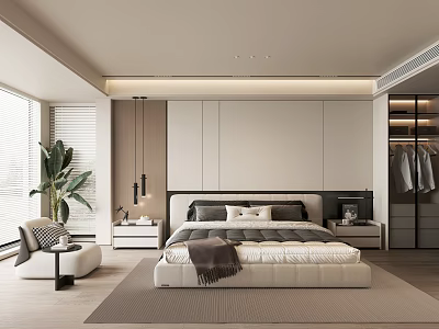 Modern Bedroom Interior Design With Open Closet King Bed Nightstand And Green Plant 3d model