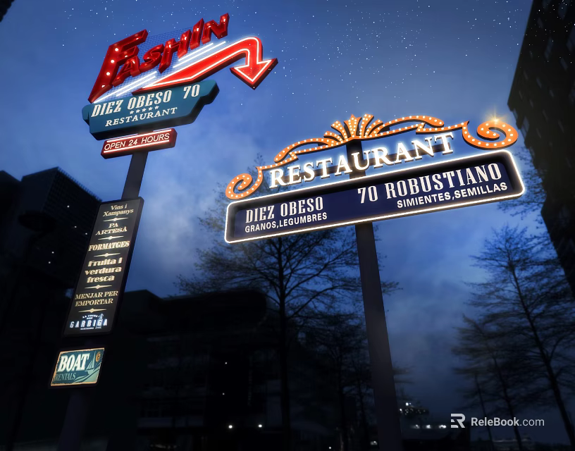 Illuminated Ferrari And Restaurant Signs With Dick Orso 70 In Night View 3d model 