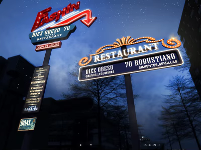 Illuminated Ferrari And Restaurant Signs With Dick Orso 70 In Night View 3d model