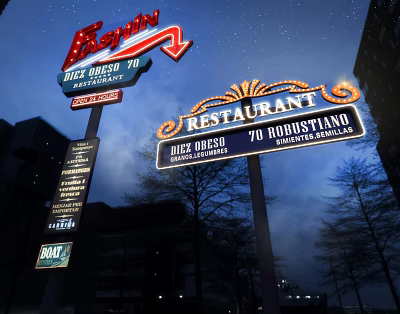 Illuminated Ferrari And Restaurant Signs With Dick Orso 70 In Night View 3d model