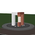 Modern Landscape Sculpture With Red Brick White Arch Intricate Cutout Design Nighttime Lighting Surrounding Trees