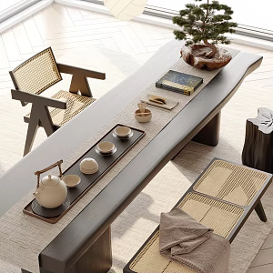 New Chinese Style Tea Table and Chair Tea Set Wood Floor Venetian Blinds 3d model