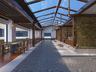 Traditional Tea House Interior With Glass Roof Wooden Structure And Bamboo Decor 3d model
